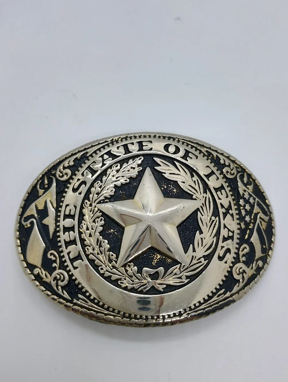 Decorative Texas Star Belt Buckle - Silver and Black